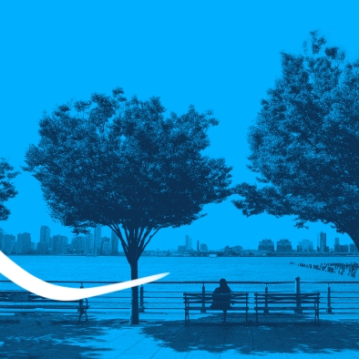 Stylized park image, blue tint, showing a tree with a squiggly line over it