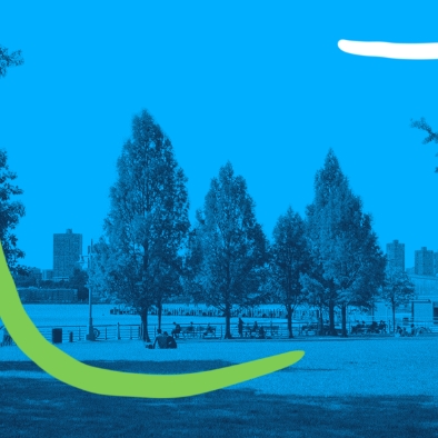 Stylized park image, blue tint, showing a tree with a squiggly line over it