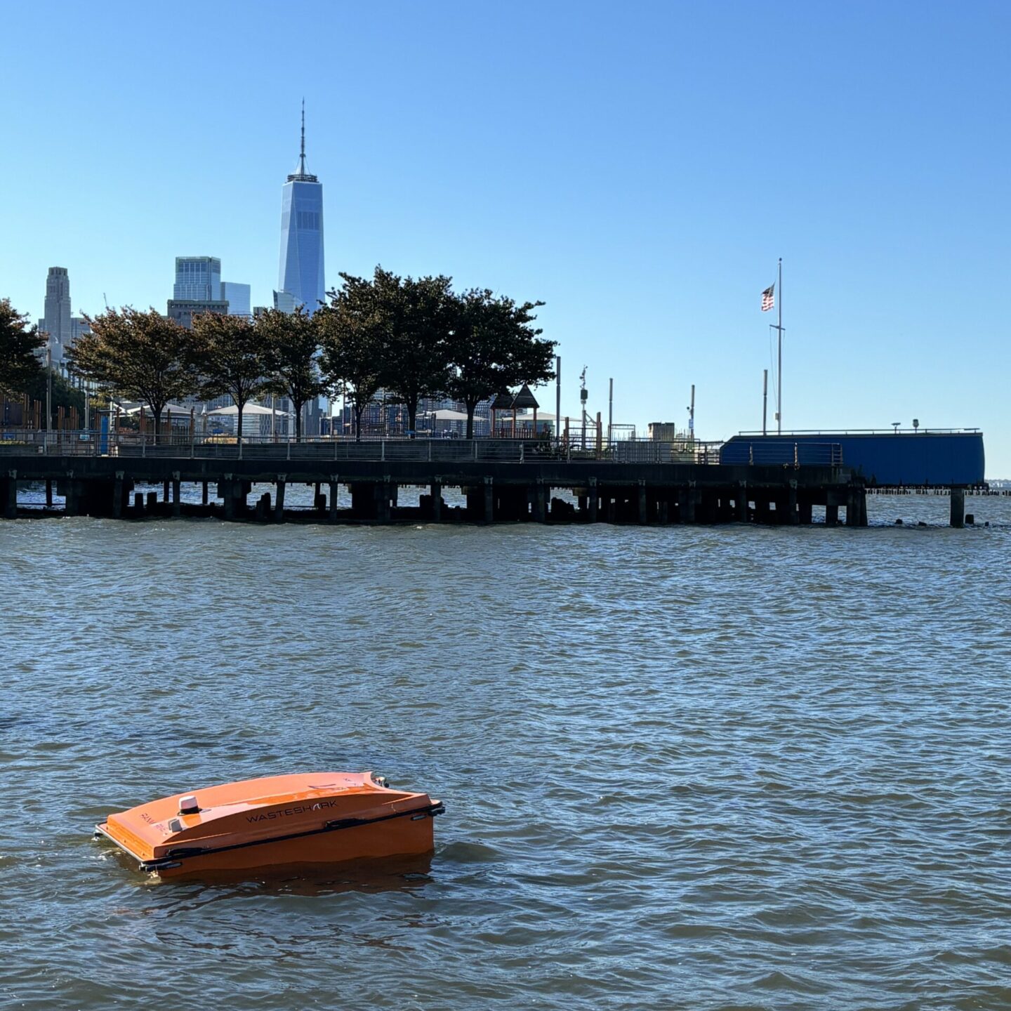 The WasteShark off the shoreline of Gansevoort Peninsula