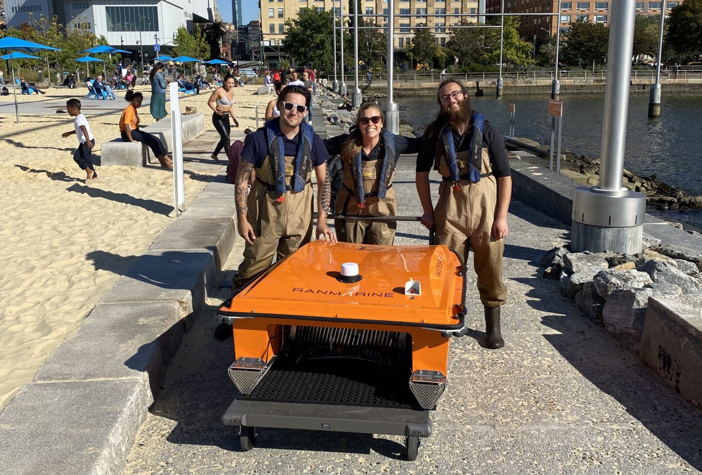 Hudson River Park's River Project staff and the WasteShark at Gansevoort Peninsula